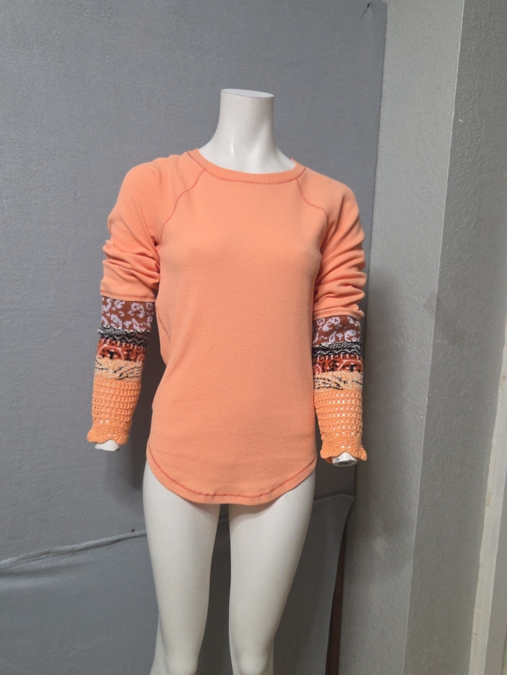Free People Peach Crewneck Sweatshirt with Patterned Crochet Cuffs